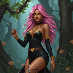 picture of pretty sorceress in the wild, skintight black dress, golden accessories, brown skin, pink hair, alluring, high fantasy, dnd, highly detailed, by rossdraws, artgerm, nineties anime quality