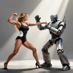 bodybuilder jennifer lawrence wearing spandex, fights with robot, god's rays, cinematic light, octane render, photorealistic, digital painting, drew struzan, gta v cover art