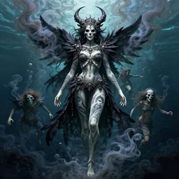 goddess of death with full body tattoos and black feather armor, by petros afshar, ross tran, peter mohrbacher, tom whalen, underwater psychedelic smoke, highly detailed, intricate, elaborate, illustration, sharp focus, featured on artstation, 3 0 0 dpi