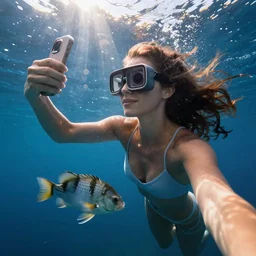 woman taking a selfie with a fish, underwater, gopro photo