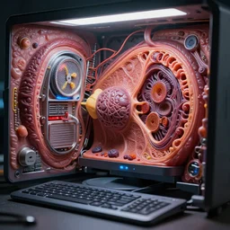 the inside of a computer but al the tech is made of biological organic matter tissue, biology, photo - realistic, detailed