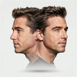 double exposure composite portrait of jeff goldblum, floating head portrait, one profile and one facing, jc penney studio, 1 9 8 5, color