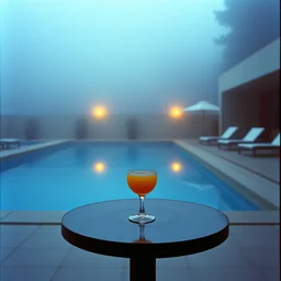 cocktail sitting on a zen minimalist table in front of the vintage swimming pools, lush fog, deep blue mood, colorful, contemporary archival color photograph print from the original negative, by stanley kubrick
