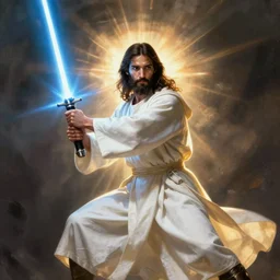jesus christ in a white robe striking sn action pose, jesus has a lightsaber ; art by artgerm ; digital art ; character art ;