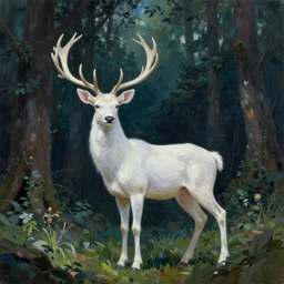 Magical White Stag, lush evergreen forest, vivid colors, night scene, 4K, character concept art, oil painting, digital painting, painterly, cinematic lighting, rule of thirds, trending in artstation, cgsociety, by anato finnstark, Artgerm, Greg Rutkowski, Joseph Christian Leyendecker