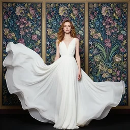 in the style of artgerm, william morris, evan rachel wood, flowing white dress