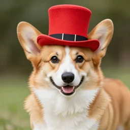 a beautiful photo of a corgi wearing a red tophat