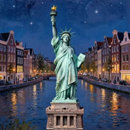 a very realistic painting of the statue of liberty being stoned and lost in the amsterdam canals surrounded by amsterdam houses at night with romantic city light ambiance and a starry sky painting in the style of james jean, 8 k ultra realistic no noise