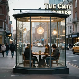 im sitting in a glass house, the house is in the middle of a busy street, realistic, award winning