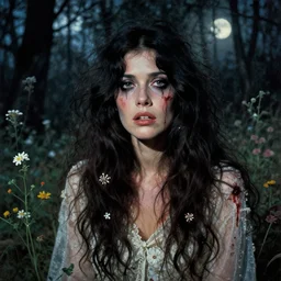 a beautiful but sinister ethnically ambiguous woman in layers of fear, with haunted eyes and wild hair, 1 9 7 0 s, seventies, woodland, a little blood, wildflowers, moonlight showing injuries, delicate embellishments, painterly, offset printing technique, by brom, robert henri, walter popp
