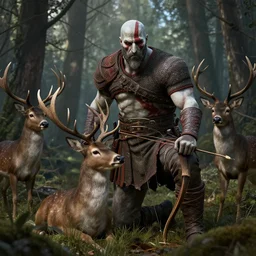 kratos teaching atreus how to hunt deer with a bow in a forest, stunning 3 d render inspired art by greg rutkowski and xiang duan and thomas eakes, perfect facial symmetry, flesh texture, realistic, highly detailed attributes and atmosphere, dim volumetric cinematic lighting, 8 k octane detailed render, post - processing, masterpiece, rtx on, rendering on unreal engine