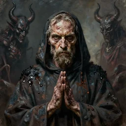character portrait of jeff bridges as a satanic monk. world weary, horror, gloomy. grime, dirt, motor oil, coal. oil painting, highly detailed, centered, digital painting, artstation, concept art, smooth, sharp focus, illustration, artgerm, tim bradstreet, tomasz alen kopera, peter mohrbacher, donato giancola, joseph christian leyendecker, zdzisław beksinski, drew struzan, hell demons