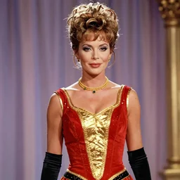 Sharon Stone as Princess Aura in Flash Gordon 1980, Red Gold and Black outfit, film still