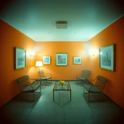 kodak portra 4 0 0, wetplate, 8 mm extreme fisheye, award - winning colour portrait by britt marling : a 1 9 6 0 s room, orange and teal, square square picture frames, haze, concrete, shining lamps, 1 9 6 0 s metal furniture, fog, smoke, no people