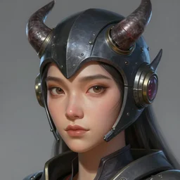 character portrait of a woman with a realistically proportioned face in a demonic hextech helmet, realistic face details, smooth, highly detailed portrait, digital painting, smooth, cgi, 3 d animation, painted texture maps, sharp focus, illustration, in the style of studio fortiche