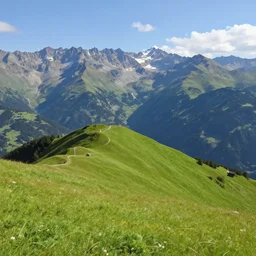 realistic view from a mountaintop, high mountains, green meadow, alps, pyranees, digital painting, realistic lighting