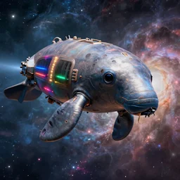 a spaceship that looks like a manatee, colorful lights, nebula background, art by artgerm and greg rutkowski and alphonse mucha highly detailed, dieselpunk, high quality, 8 k, soft lighting, realistic face, path traced