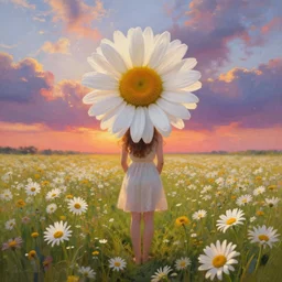 head made of giant daisies, girl standing barefoot in a vast flower field, arms behind back, surreal photography, sunrise dramatic light, impressionist painting, colorful clouds, large sky, digital painting, artstation, simon stalenhag, flower face