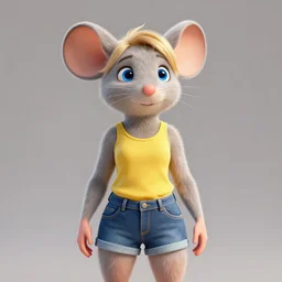 3 d render, portrait, upper body shot, mid shot, anthropomorphic mouse, female, blond furr, blue eyes, wearing denim short shorts and a off yellow tank top shirt, solo, - n 8