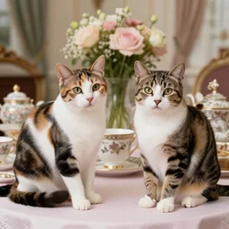 two calico cats and a tabby cat attend a fancy english tea party, flickr explore