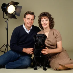 a family portrait of a husband, wife, and their black dog. 9 0 s, studio lighting, mamiya, bulb flash
