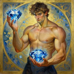 a muscular man holding blue diamonds, fantasy, painting by greg rutkowski and alphonse mucha