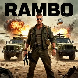 rambo movie posters with soldiers, military trucks, helicopters, explosions