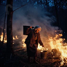 a movie still by tarkovsky of an elder woman carrying burning bucket in a heavy burning forest by night, cinestill 8 0 0 t 3 5 mm, heavy grain, high quality, noir, natural textures, photorealistic, natural textures, ambient occlusion, hd, fog, criterion collection