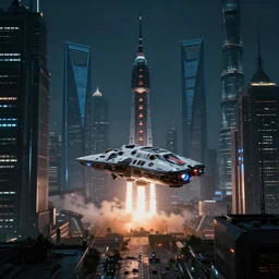 spaceship ready to be launched at the futuristic shanghai skyline, busy, dark, cyberpunk, moody, ambient lighting, syd mead