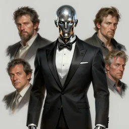 character concept portrait, metal skinned man in a tuxedo, style digital painting, concept art, smooth, sharp focus, illustration, from metal gear, by ruan jia and mandy jurgens and william - adolphe bouguereau, artgerm