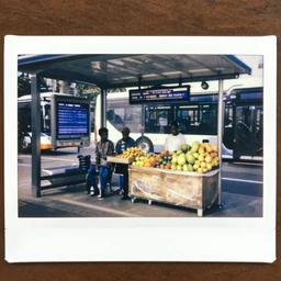 old polaroids of futuristic african bus stops with informal sellers and digital screens, women selling fruit, autonomous african busses