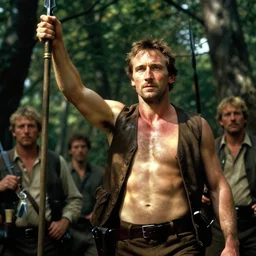 handsome michael fassbender holding a spear aloft, sunlight shining through the trees on his torso, hunting scene matte painting by gaston bussiere, craig mullins, j. c. leyendecker