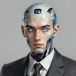 a male android portrait wearing a suit and tie, surrealism, scifi, intricate, elegant, sharp eyebrows, highly detailed cybernetic body, neon glowing eyes, digital painting, artstation, concept art, smooth, sharp focus, illustration, art by artgerm and moebius and peter mohrbacher