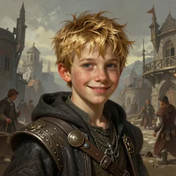 portrait of a young boy thief in the slums of a fantasy city, dirty blonde hair, d & d, fantasy, joyful smirk, intricate, elegant, highly detailed, digital painting, artstation, concept art, matte, sharp focus, illustration, art by artgerm and greg rutkowski and alphonse mucha