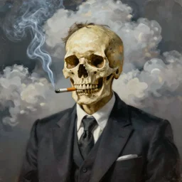a portrait painting of a man in a suit with a skull as his head smoking a cigarette, head is surrounded by clouds, in the style of Edward Hopper and William Adolphe Bouguereau, 4k,