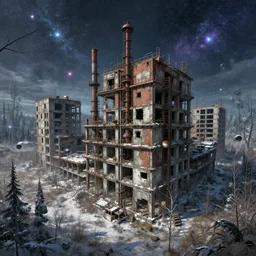 a beautiful ultradetailed illustration of abandoned unfinished building city nature urbex industrial architecture building architecture arsenal by stanley spencer, cosmic meadow forest at winter fisheye fantasy gem, archdaily, wallpaper, highly detailed, trending on artstation.