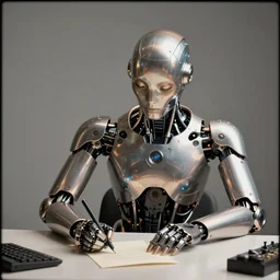 a hyperrealistic fine art portrait photo of a mechanical industrial alloy cybernetic human sitting at a desk and writing a letter , by brad kunkle, maarten schröder and tom bagshaw, smooth shapes and lines, vignette, 35mm lens, golden ratio composition, studio photography, very detailed, artstation, 8K, highly coherent