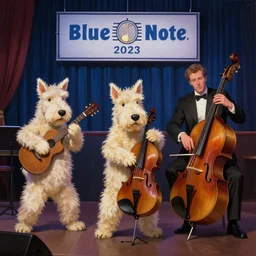 anthropomorphic westie jazz trio performancing at blue note jazz club, digital painting, artstation, concept art, smooth, sharp focus, art by alphonse mucha