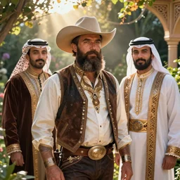 bearded cowboy and emir standing in a garden, persian folkore illustration