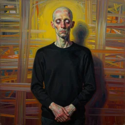 black clothes, white eyes, long arms, skin disease, grotesque, doomed, acrylic paint, high resolution gouache on canvas, ugly vibrant colors, grotesque, wrapped thermal background, art francis bacon