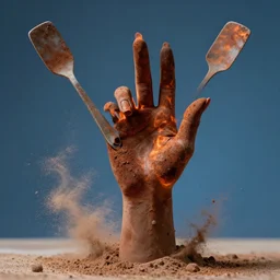 highly detailed photography of a woman made of rust clay and fire, hand gesture, sharp focus, dust particles, dirt, dramatic scene, aesthetic, dynamic lighting, elegant, harmony, masterpiece, by roberto ferri, blue background, high quality, spatula