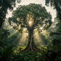 horrific, spectacular tree in a densely overgrown jungle, fantasy, dreamlike sunraise, ultra realistic, atmospheric, stopped in time, epic