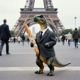 a real photo by saul leiter of a small anthropomorphic dinosaur wearing a suit and standing in paris while holding a baguette, by helen levitt