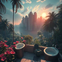 a beautiful detailed render of city bathroom abandoned nature by norman foster, sea vaporwave flowers sunlight infrared rainforest fisheye synthwave studio ghibli thermal vision retrowave lake morning sun neon noir alien nature evil futuristic myst at dawn at dusk lightpaint, archdaily, wallpaper, highly detailed, trending on artstation.