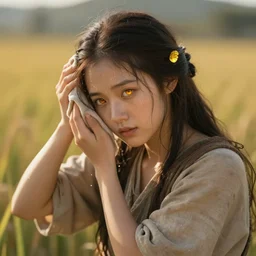 lain iwakura as medieval peasant working in the field wiping off sweat yellow hairclip hairclip hairclip hairclip hairclip sparkling amber cute eyes wonderful masterpiece highly detailed scifi, beautiful cinematic light deep focus, elegant, digital painting, smooth, sharp focus, golden ratio, dramatic illumination, ultra realistic, 4 k, art by greg rutkowski wlop rossdraws