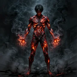 concept art of a man with his body covered in burns, with evil black smoke coming out of his hands, full body, dark colors, sinister atmosphere, dramatic lighting, cinematic, establishing shot, extremely high detail, photo realistic, cinematic lighting, pen and ink, intricate line drawings, by Yoshitaka Amano, Ruan Jia, Kentaro Miura, Artgerm, post processed, concept art, artstation, matte painting, style by eddie mendoza, raphael lacoste, alex ross,