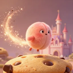 fuzzy creature on a flying chocolate chip cookie blasting through peach's castle leaving a sparkling trail behind, movie still from inside out, high detailed render, weird composition, trending on artstation, 4 k