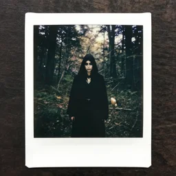 polaroid of a black ritual in the forest, pagan, occult witches