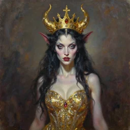 a painting of a female demon with a gold crown, glitter dress, a character oil on canvas portrait by gerald brom and greg rutkowski, masterpiece, fantasy art, grotesque, artstation hq
