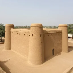 High-quality aerial photography of an old West African castle made of mud bricks in the middle of a village on top of a mountain, National Geographic